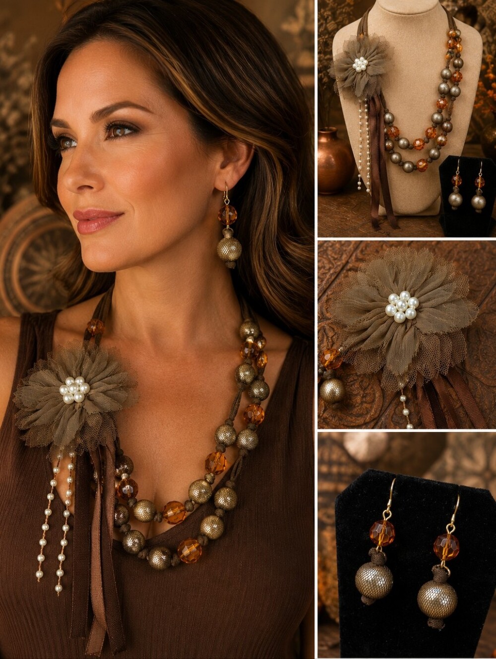 You & Me Removable Flower Brooch Necklace & Earrings Set Amber Brown Boho